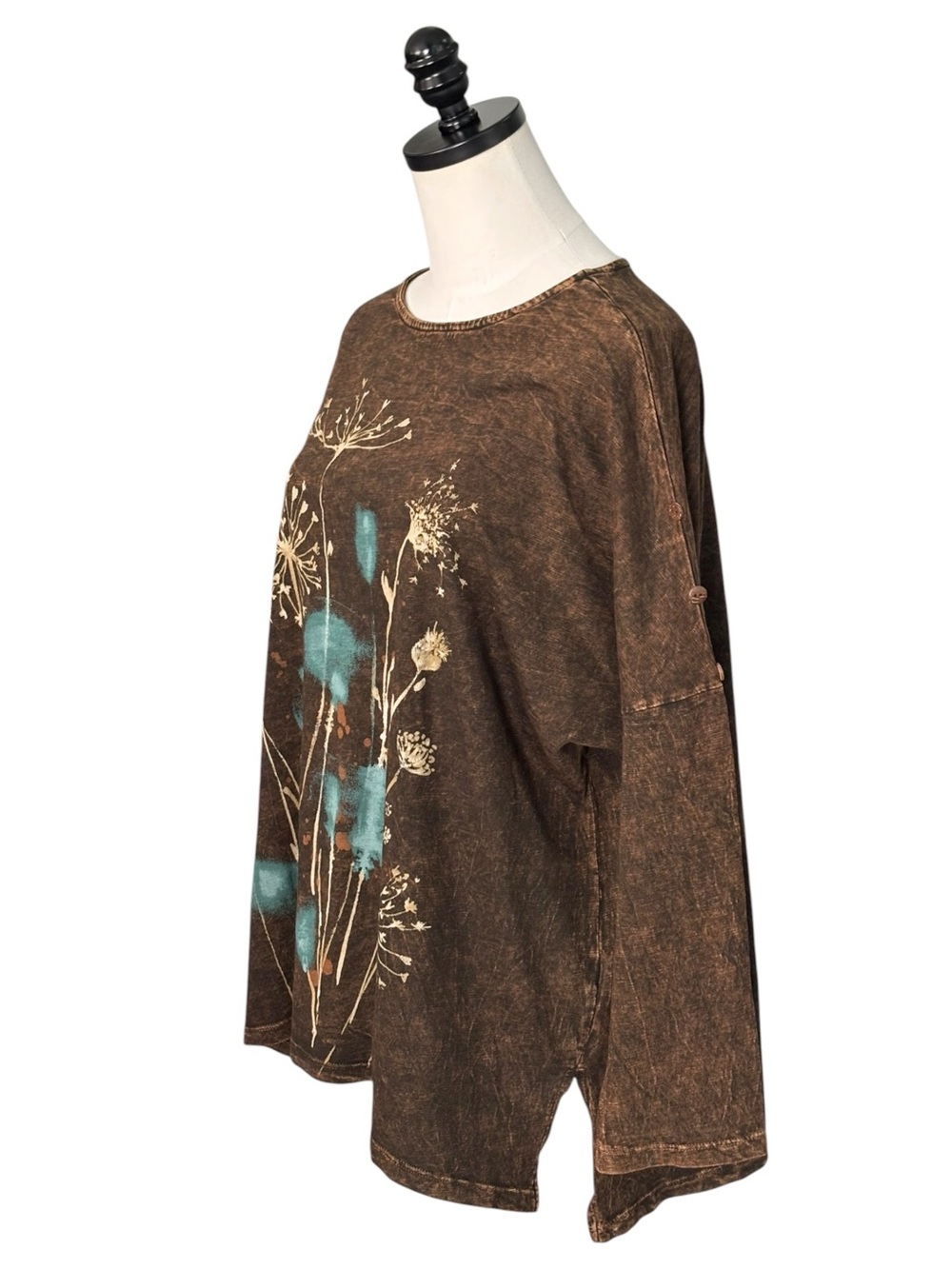 Jess & Jane dark brown Mineral Washed tunic top 3-button accent dolman sleeve| L - Picture 3 of 13